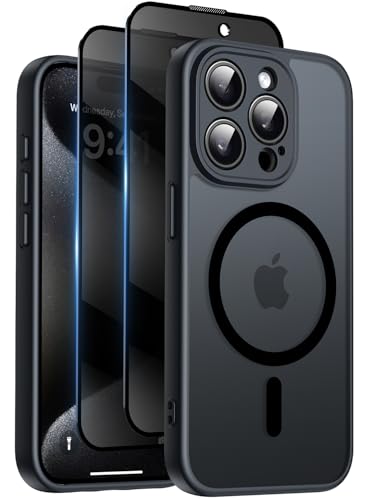 Qasyfanc Magnetic for iPhone 15 Pro Case with Privacy Screen Protectors X2 [Camera Protection] [15FT Military Drop Protection] Translucent Matte Back Slim Shockproof Phone Cover 6.1 Black