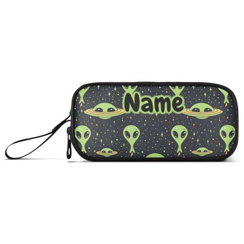 Image of Custom Green Aliens Space Pencil Case Box Boys Girls Personalized Name Large Pencil Pouch Stationery Pen Bag Organizer for Kids Adults School Office