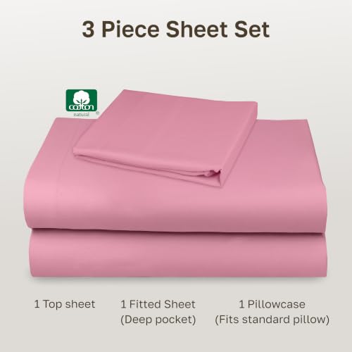 Image of California Design Den Twin Bed Sheets Set - Natural 100% Cotton Sheet Set, Soft Sateen Weave, Fully Elasticized 12 inch Pockets, Breathable and Durable Bedding - Doll Pink