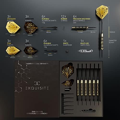 CC-Exquisite Jeu de fléchettes professionnel - Configuration personnalisable - 6 fléchettes avec pointe en acier 20 g/24 G - Avec 12 tiges en aluminium de 35/48 mm - 12 joints toriques - 12 vols