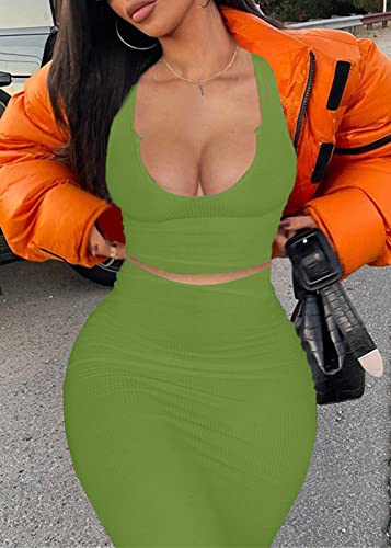 Image of Women Sexy Two Piece Skirt Outfits Long Sleeve /Sleeveless V Neck Bodycon Ribbed Knitted Maxi Club Party Dress