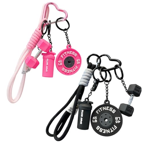 Ujukoxc Fitness Keychain Set with 2 Barbell Charms Gym Keychain for Women Black and Pink PVC Keychain Accessories for Gym Bags and Personal Items Ideal for Fitness Enthusiasts and Gift Giving