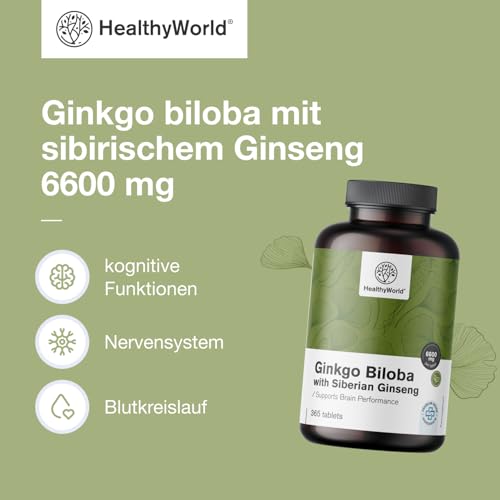 HealthyWorld Ginkgo Biloba mit sibirischem Ginseng 6600 mg - Hochdosiert - Unterstützung der kognitiven Funktion - 365 Tabletten für einen Jahresvorrat - Ginkgo-Extrakt 50:1 (120 mg) & 10:1 (60 mg)