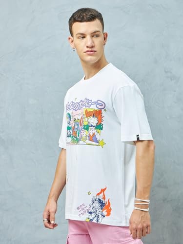 Image of Bewakoof Men's AOP Oversized Half Sleeve Round Neck Cotton Jersey T-Shirt 616651 White M