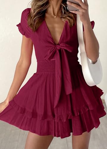 PRETTYGARDEN Women Summer Mini Short Dress 2025 Short Sleeve Casual Beach Vacation Sundress V Neck Tiered Sun Dresses