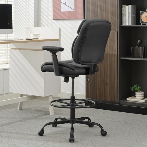Image of Okeysen Drafting Chair Standing Desk Chair, 500 LBS Leather Big and Tall Office Chair with Adjustable Armrests & Foot Ring, Modern Tall Desk Chair with Mid Back, Swivel Rolling Drafting Stool.