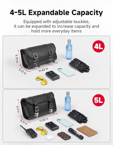 Image of KEMIMOTO Motorcycle Fork Tool Bag 4-5L Expandable with Metal Quick-release Hook, PU Leather Adjustable Capacity Universal Saddlebag for Front Fork Handlebar Sissybar Storage Pouch Motorcycle Roll Bag