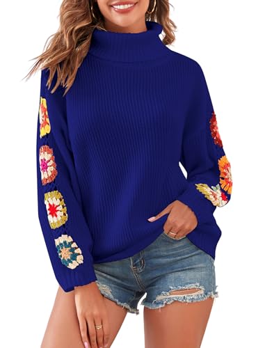 Image of ZAFUL Flower Crochet Turtleneck Sweater for Women Pullover Puff Long Sleeve Boho Knit Sweaters Trendy Knitwear Tops