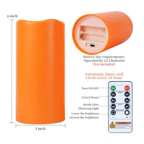 Image of Amagic 3 inchx6 inch Flameless Candles, Waterproof LED Pillar Candles, Set of 2 | Battery Operated Halloween Candles with Remote & Timer, Orange LED Pillar Lights for Outdoor, Patio, Home and Halloween Decor