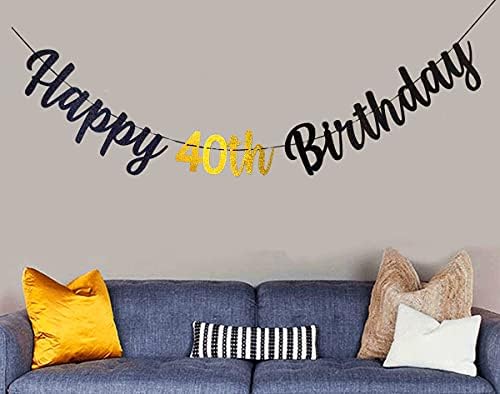 40th Birthday Banner Happy 40th Birthday Bunting Black and Gold Glitter Large Hanging Letter Banner for 40 years old Birthday Anniversary Party Decorations Photo Backdrop