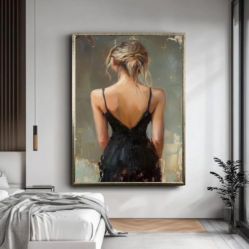 Tableau sur toile peinture huile portrait femme élégante robe noire affiche chambre