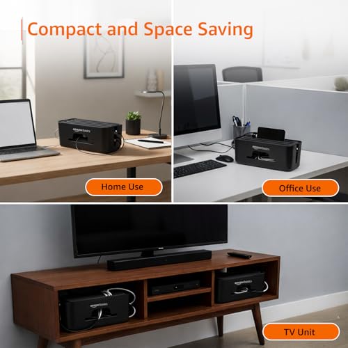 Image of Amazon Basics - Cable Management Box with Mobile Stand - Power Strip, Cords, Wires | Surge Protector Hiding Cover Organizer for Home, Office (Black)