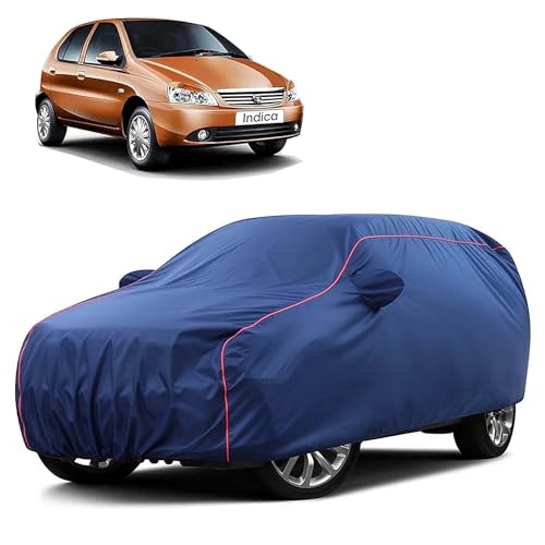 Image of Sulfar 100% Water Resistant Car Body Cover Compatible with Mirror for Tata Indica (Triple Stitched, Full Bottom Elastic, Blue Taffeta with Red Piping)