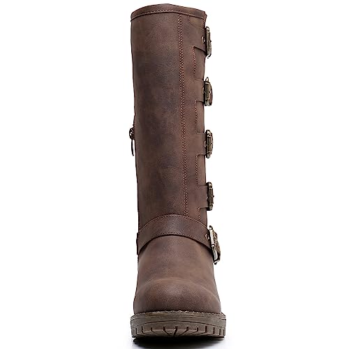 Image of GLOBALWIN Chunky Mid Calf Fashion Dressy Motocycle Biker Military Style Combat Boots for Women Low Heel