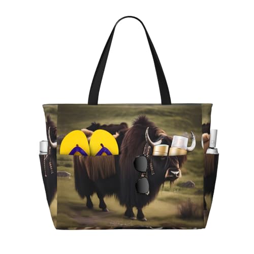 Mighty Highland Yak Large Capacity Beach Travel Bag, Foldable Beach Bag with Zipper, Great for Grocery Bag Pool Gym Travel Shopping