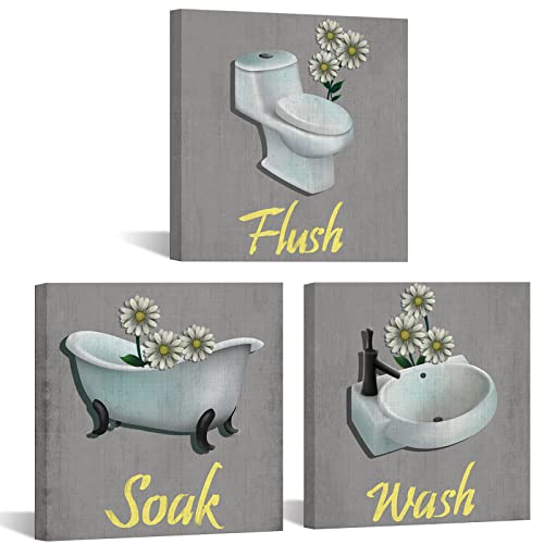 DuoBaorom 3 Pieces Bathroom Quotes Canvas Wall Art Flush Wash Soak Bath Tub Toilet Sink with Daisy Flowers Picure for Bathroom Washroom Decor Stretched and Framed Ready To Hang 12x12inchx3pcs