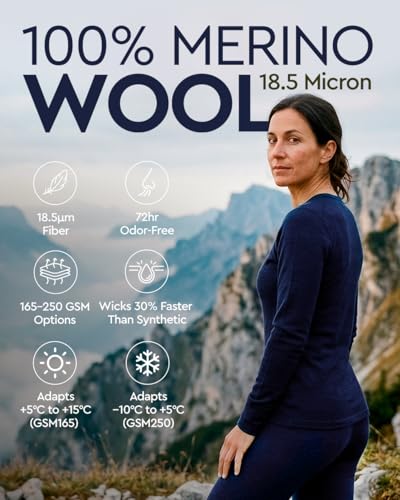 Image of MERINNOVATION Merino Wool Base Layer Set for Women 100% Merino Wool Thermal Underwear Sets Lite - Midweight Top Tank Bottom