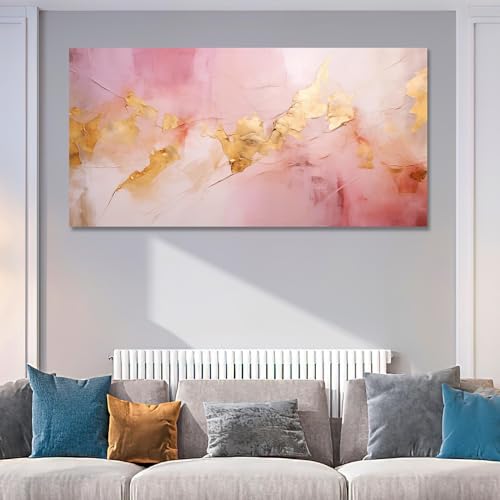 Tableau marbre rose et doré abstrait, image moderne décoration salon grand format 70x140