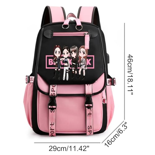 PALAY® Black Pink Bag For Girls School Bag with USB Cable Jack Cute Backpacks Idol Print Design Laptop Backpack and Casual Backpack Student Accessories That can Hold 16.8 inches Books