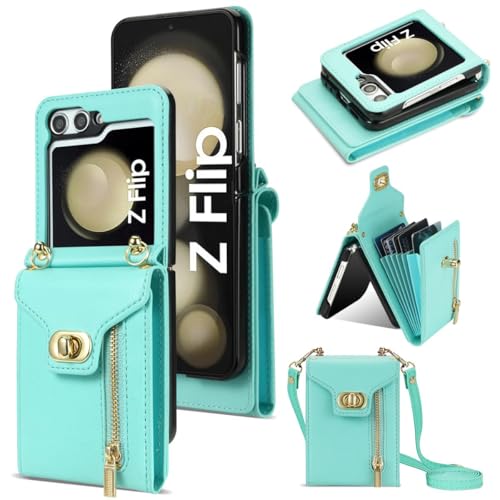 Étui Samsung Z Flip 8 en cuir mat avec portefeuille zippé amovible vert