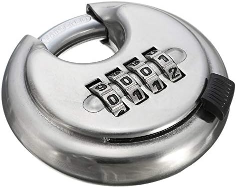 Large 4-Position Combination disc Padlock Stainless Steel Rust-Proof Door Warehouse Outdoor Round Cake Tray Padlock Discus Lock with Hardened Steel Shackle Shelf Locker Silver Lock Gym, School,
