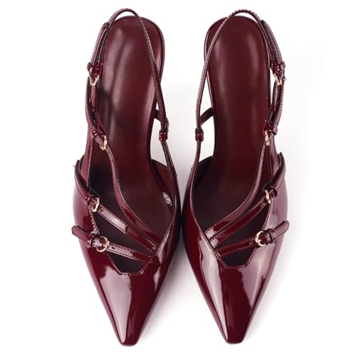 Image of CORNMOOD Slingback Kitten Heels for Women Pointed Closed Toe Pumps Low Stiletto Heels with Buckle Strap Shoes for Wedding Party Office
