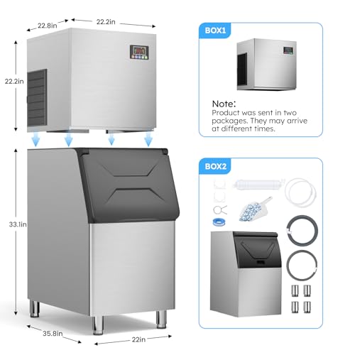 Commercial Ice Machine 680LBS/24H,Storage 560LBS,Large Industrial Ice Maker,Ice Ready in 5-15min,with Self-Cleaning Mode,with Timing Function,30 Levels of Ice Thickness Adjustment,Stainless Steel