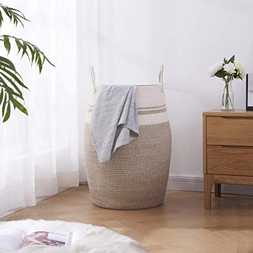 OIAHOMY Laundry Hamper Woven Cotton Rope Large Clothes Hamper 25.6" Height Tall Laundry Basket with Extended Cotton Handles for Storage Clothes Toys in Bedroom, Bathroom, Foldable (Yellow variegated) - Image 6