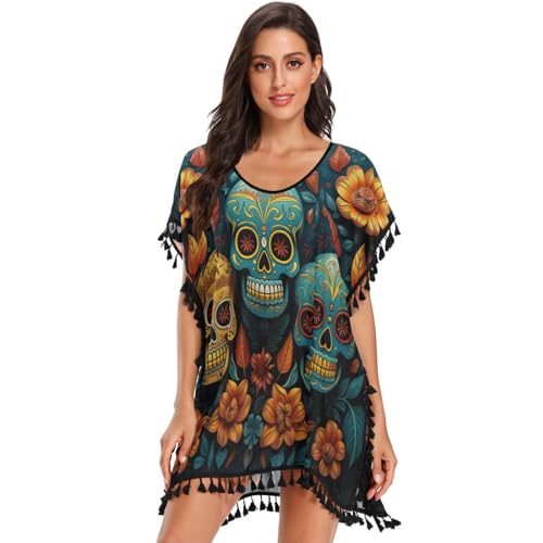 KAAVIYO Colorful Skulls Sunflower Women's Beach Cover Up Chiffon Tassel Swimwear Swimsuit Coverups for Girl