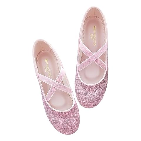 Mei MACLEOD Girls Ballet Flat Dress Shoes Cute Mary Jane Shoes with Elastic Strap Glitter Princess Shoes for Wedding Party School Dress Up Pink Cover