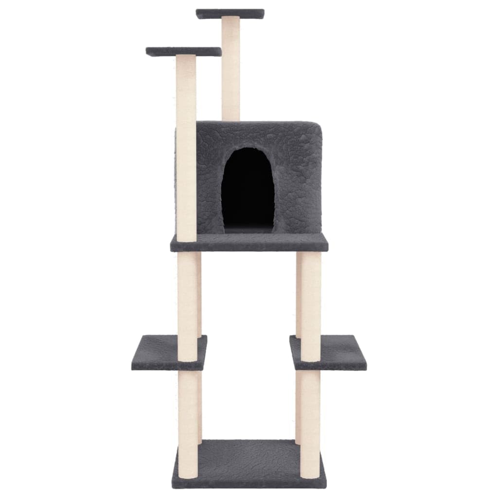 Kratzbaum Gross 144,5 cm hoch, Stabiler Katzenbaum dunkelgrau mit Sisal-Kratzsäulen, Katzenhaus und Plattformen, Kletterbaum zum Klettern und Spielen