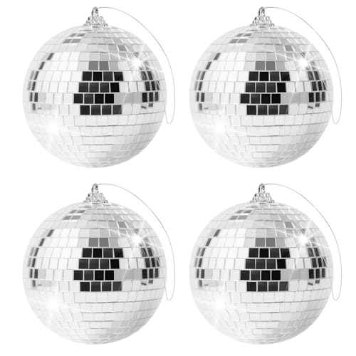 4 Pièces 10cm Boules Disco Miroir,Argentées Boule à Facette Kit,Boule a Facette,Boules Disco à Suspendre,pour Décorations de Sapin de Noël,Les Décors de Mariage,Les Décorations D'intérieur