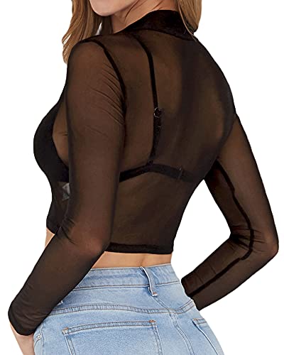 Mangopop Women's Short Sleeve Long Sleeve Sheer Mesh Crop Tops Tee Shirt Blouse (0-1058 (Black), Medium) #TOP3