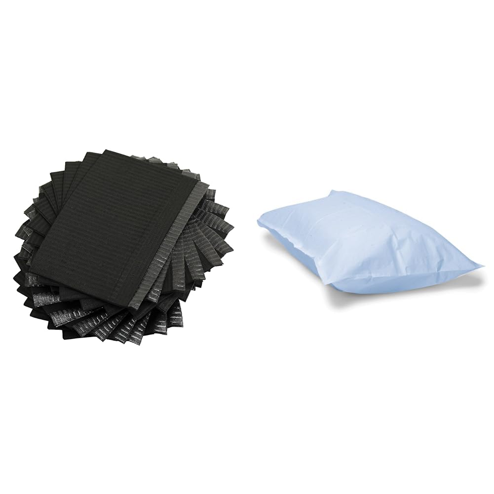 Adenna BIB740BK Dental Bibs/Lap Cloths, Black (Box of 500) - BIB740BK & TIDI 703 Avalon Papers Single-Use Pillowcase, Tissue/Poly, Blue, 21" Width, 30" Length, Pack of 100