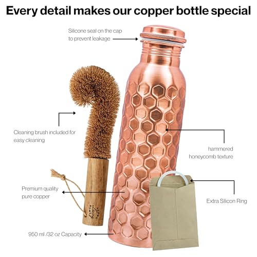 Image of Copper Water Bottle 32 oz, Copper Drinking Bottle Honeycomb | 100% Pure Copper, Ayurvedic Tamra Jal Vessel, Leak-Proof Screw Cap, Cleaning Brush included, Reusable
