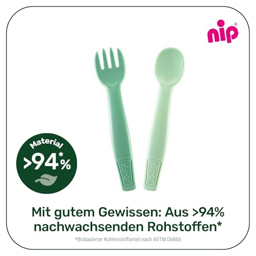 nip - Baby- und Kinderbesteck | ab 9 Monate |Nachhaltiges Besteckset mit Löffel & Gabel, spülmaschinengeeignet, BPA-frei, ohne Melamin | Grün