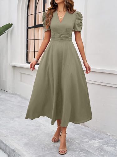 Image of Shasmi Girl's & Women's Solid Color V-Neck A-Line Maxi Dress for Women | New Year Party Outfit | Waist Cinched Puff Sleeve Western | Elegant Casual Wear (Dress 246)