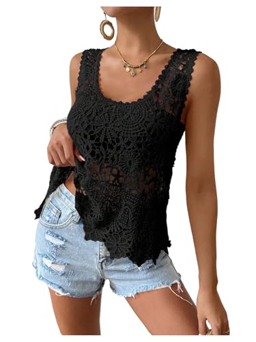 SOLY HUX Women's Crochet Tank Tops Hollow Out Knit Sleeveless Scoop Neck Sweater Vest Embroidery Cover Ups