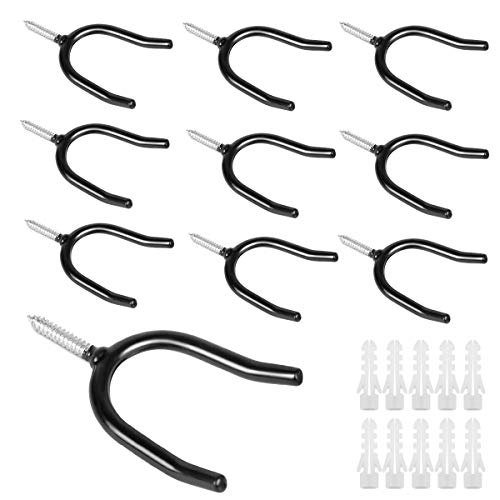 JCHL Steel Wall Mount Screw-in Tool Holder Utility U-Hooks for Garden Tools, Shovels, Rakes Garage & Workshop Organizer Black Vinyl Coated Heavy Duty Tool Holders 10-Pack