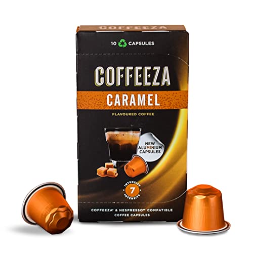 Coffeeza Caramel Flavoured Coffee Capsules, Intensity -7 | Aluminium Coffee Pods | 100% Arabica | Box of 1 (10 Capsules) | Brew Cold/Hot
