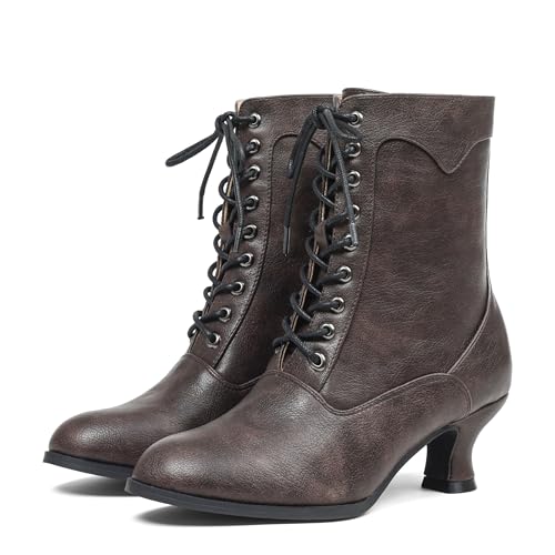 Image of Women's Victorian Ankle Boots - Mid Calf, Round Toe, Black Boots with Chunky Heel & Lace Up Detail