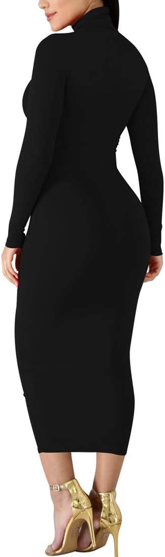 BORIFLORS Women's Sexy Basic Long Sleeve Turtleneck Bodycon Party Long Pencil Dress - Image 2