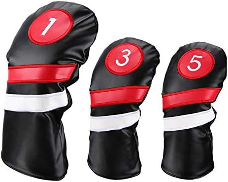 LONGCHAO Golf Head Covers 3pcs/Set Driver Fairway Wood Headcovers White Red and White Vintage PU Leather 1 3 5 Driver and Fairway Head Covers for Golf Club (1/3/5 Black)
