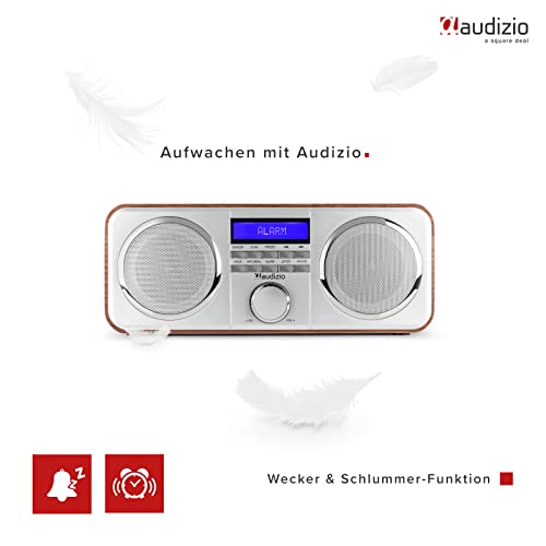 Audizio Novara - DAB Plus Radio, UKW Radio, Digitalradio mit Kopfhöreranschluss, Alarm Radiowecker, Snooze, 20 Speicherplätze, DAB Küchenradio, Stereo Kompaktanlage mit Display - Silber Holz – Bild 7