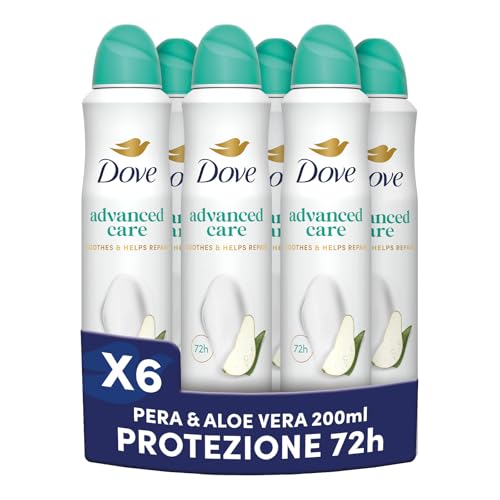Dove Deodorante Spray Advanced Care Go Fresh Pera e Aloe Vera, con Formula Idratante e Delicata sulla Pelle, Senza Alcol, Pelle Asciutta Fino a 72 Ore, Deodorante Uomo e Donna, 6 Pezzi da 200ml