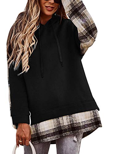 Happy Sailed Women's Casual Color Block Hoodies Sweatshirts Long Sleeve Plaid Patchwork Pullover Tunic Tops Black Small