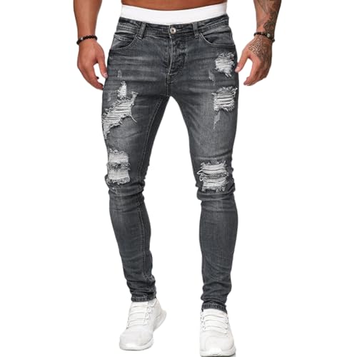 Men's Slim Fit Jeans Stretch Destroyed Ripped Skinny Jeans, Side Striped Denim Pants, Stretch Blue Ripped Straight Denim