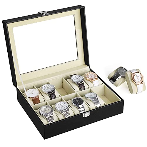 Image of SONGMICS 10-Slot Watch Box, Watch Holder with Glass Lid, Watch Case with Removable Watch Pillow, Velvet Lining, Metal Clasp, Watch Display, Synthetic Leather, Black UJWB010BE