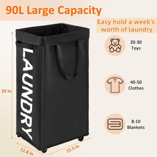 Image of Optish Laundry Basket with Wheels, 90L Rolling Laundry Hamper with Wheels, Large Clothes Hamper on Wheel with Removable Mesh Bag for Bedroom, Dorm Room Essentials, Black
