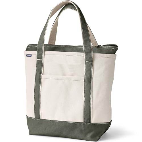 Lands' End Natural Zip Top Canvas Tote Bag Natural/dark Olive Green Medium Regular Handle